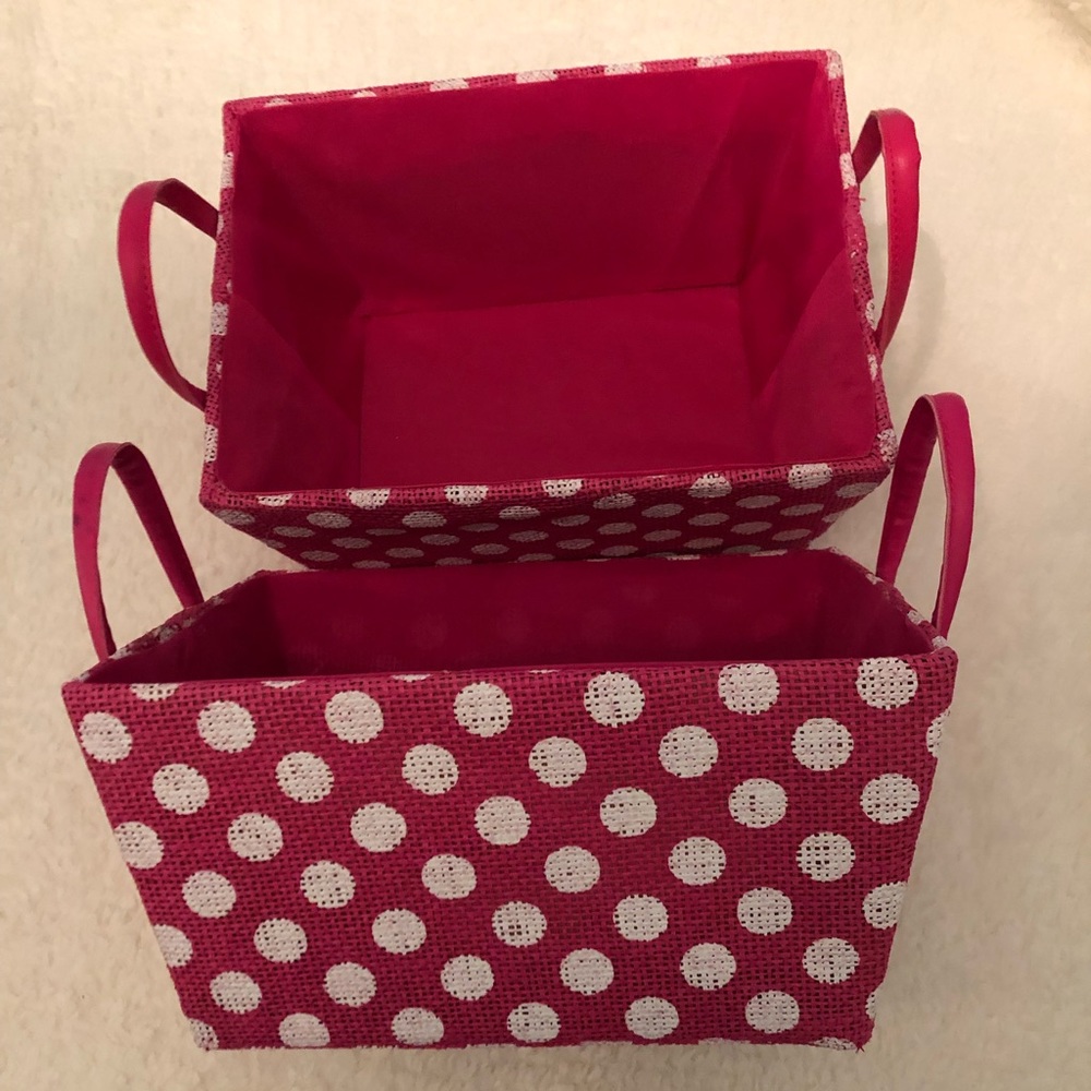 2 pink polka dot baskets
